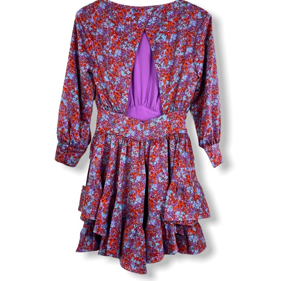 FOR LOVE AND LEMONS Shiloh red purple floral bloom ruffle mini dress - Picture 5 of 11
